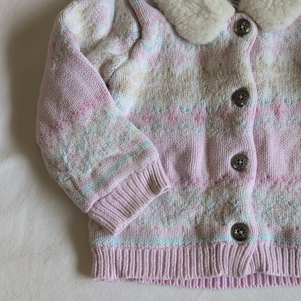 vintage Y2K babyGap fair isle faux fur collar knit cardigan sweater 12-18 months - Picture 6 of 11